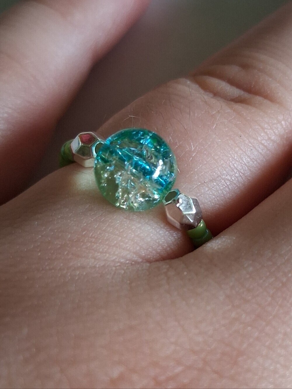 5/$25 Handcrafted Green & Blue Stretch Glass Bead Ring - Women Jewelry 7,8,9